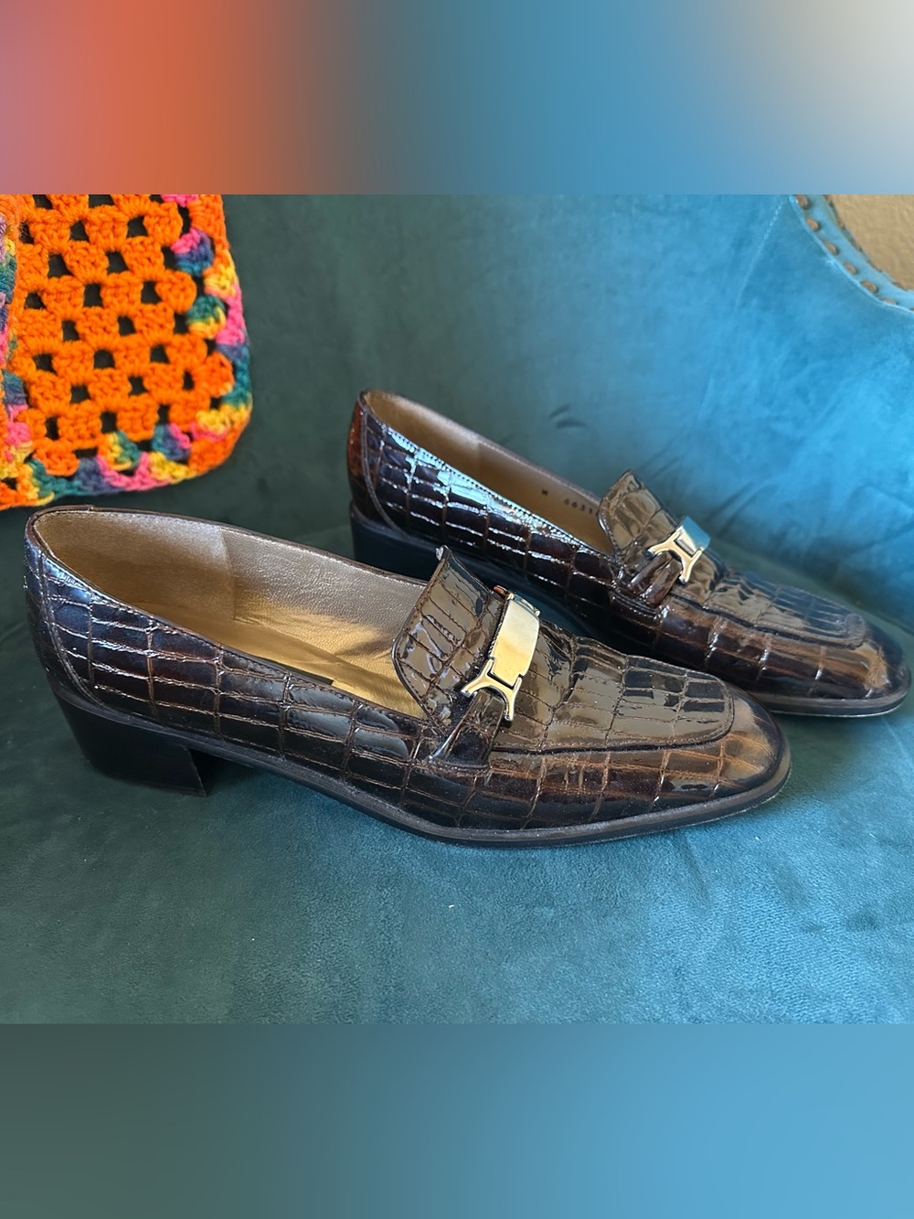 Stuart Weitzman Brown Croc Embossed Horsebit Loafer Heels 9.5 AA - Picture 3 of 16